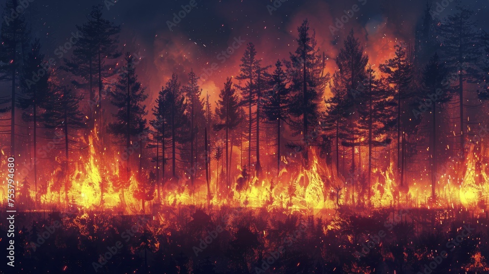A digital illustration showing a forest ablaze highlights the surge in wildfires due to climate change. - obrazy, fototapety, plakaty 