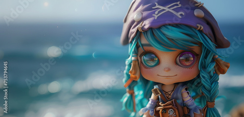 An HD realistic 4D image of a chibi girl with aqua hair