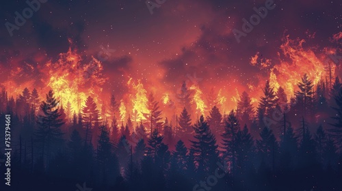 A digital illustration shows a burning forest, highlighting more frequent wildfires due to global warming's impact.