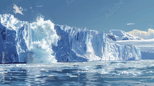 A digital illustration depicts a glacier fracturing and calving into the sea, showcasing accelerated ice melting due to increasing temperatures. © Kanisorn