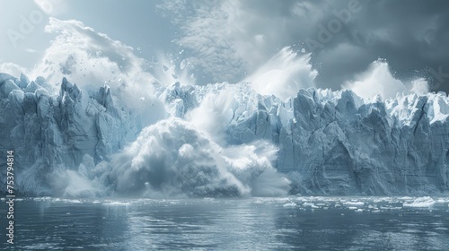 A digital illustration shows a glacier breaking and calving into the ocean, depicting accelerated ice melt due to rising temperatures.