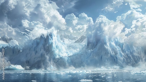 A digital illustration depicts a glacier splitting and calving into the ocean, showcasing rapid ice melt due to rising temperatures.