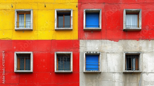 a red, yellow, and blue building with windows and bars on each of it's balconies. photo
