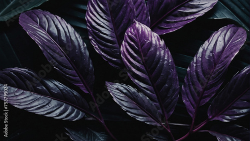 Textured abstract amethyst leaves for a dark and sophisticated tropical flat lay. Dark nature concept  tropical leaf.