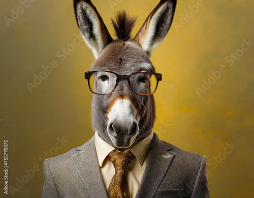 Donkey wearing business suit and glasses . portrait of a businessman  donkey portrait of a person with a donkey © new