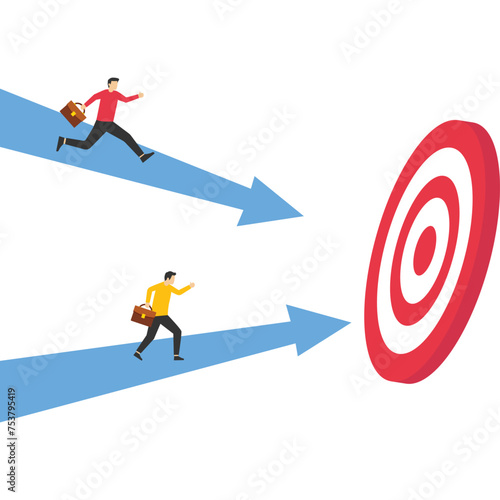 Business competition concept, concept of performance over other employees, competition against competitors to increase sales for victory, businessman and woman compete on arrows racing track.