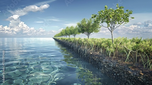 A digital image shows a sea wall and mangrove restoration project  merging coastal protection and carbon sequestration.