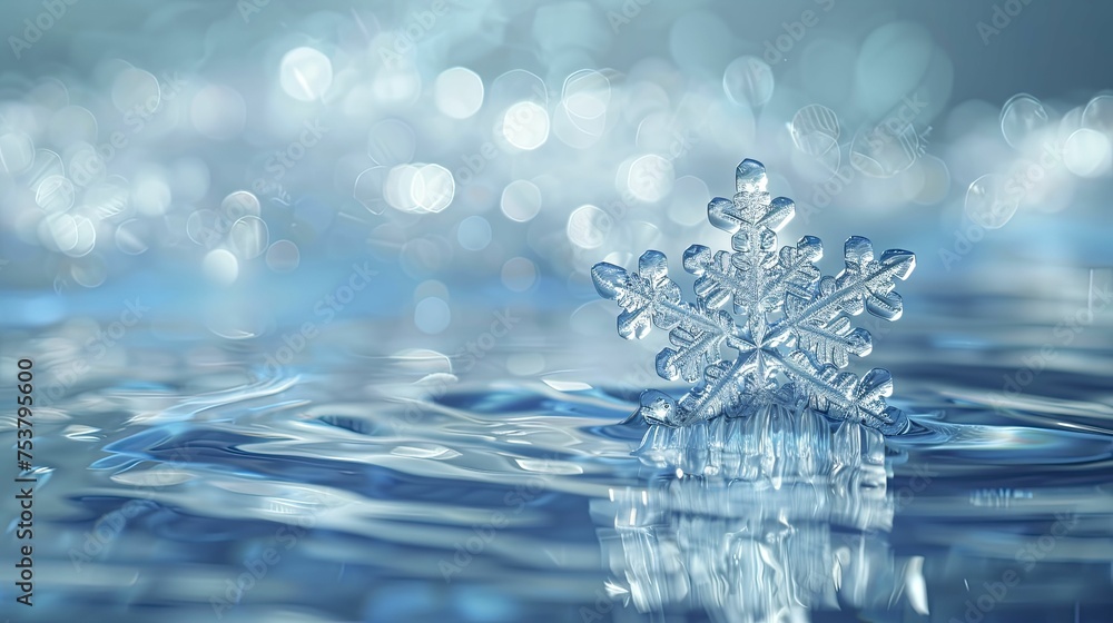 A digital image shows a snowflake symbol melting into water, depicting the diminishing winter chill from global warming. A digital image shows a snowflake symbol melting into water, depicting the diminishing winter chill from global warming.