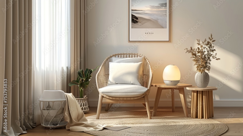 interior corner of hospital for elderly people ward with living room, table, lamp and curtain. Modern beige living room interior corner of hospital for elderly people ward with living room, table, lamp and curtain. Modern beige living room