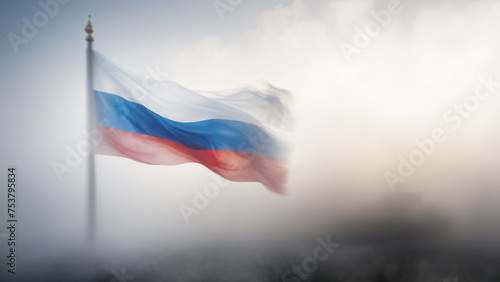 illustrazione di bandiera federazione russa che sventola tra vapori e nebbie photo