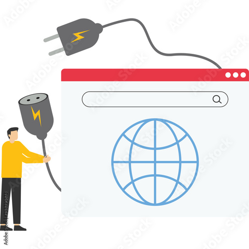 Server error concept, website unavailable, access denied. Landing page template with internet user and a browser window with plug unplugged from the socket. Modern flat vector illustration for the web