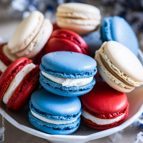 White, red and blue macaroons in the colors of the national flag photo