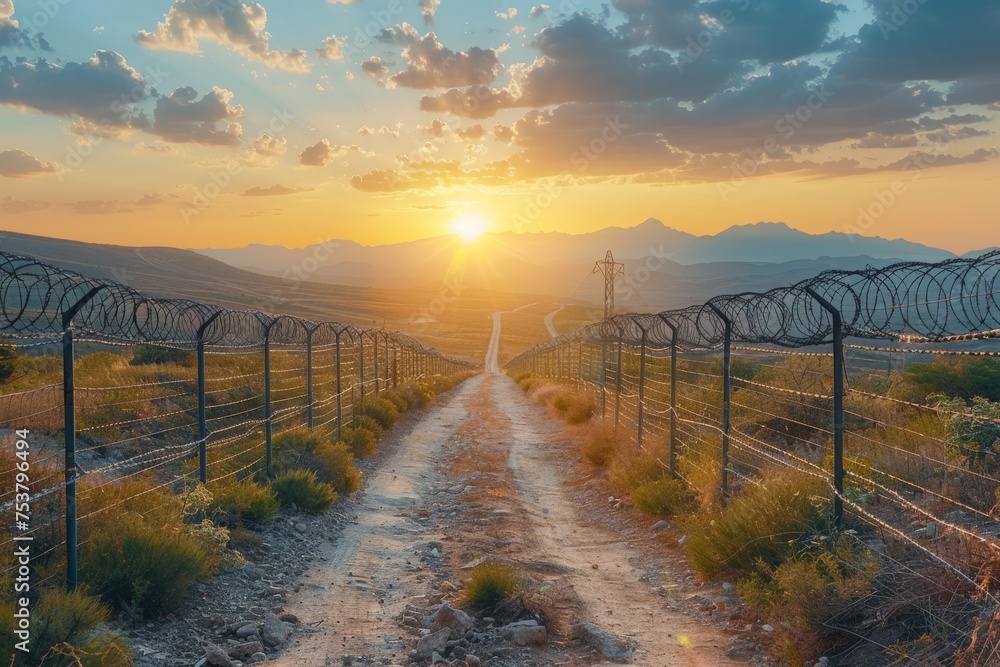 A tranquil sunset setting captured beyond the barbed wire, symbolizing freedom and constraint in nature