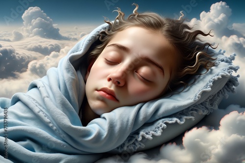 Cute girl sleeping on a pillow against an abstract sky background.