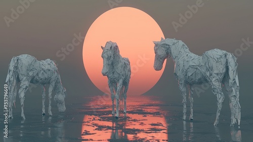a group of white horses standing next to each other in front of a large circle of orange and yellow sun.