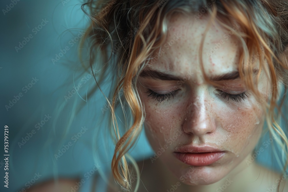 Young woman with a contemplative look, water streaming down her face Young woman with a contemplative look, water streaming down her face