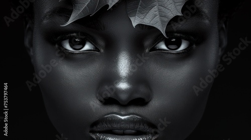 a close up of a woman with leaves on her head and a black background with a black and white photo of a woman's face. photo