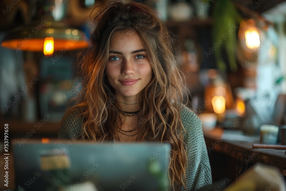 An atmospheric shot of a woman in a café, illuminated by natural light with a bokeh effect creating an inviting mood An atmospheric shot of a woman in a café, illuminated by natural light with a bokeh effect creating an inviting mood