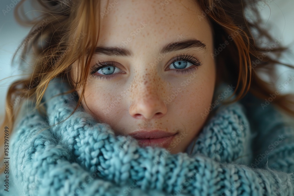 Warm, intimate portrait of a freckled young woman wrapped in a cozy blue knitted sweater Warm, intimate portrait of a freckled young woman wrapped in a cozy blue knitted sweater