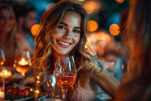 A smiling woman enjoying a warm, candlelit ambiance as she dines with friends, suggesting connection and celebration photo