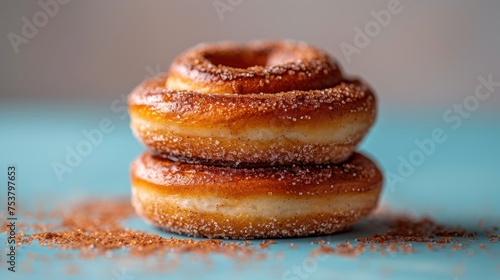 three donuts stacked on top of each other with powdered sugar sprinkles on top of them. photo