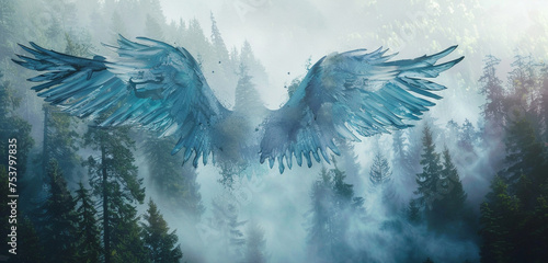 A serene landscape with ethereal blue angel wings suspended in the air, surrounded by a misty forest backdrop photo