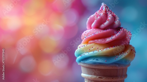 a colorful ice cream cone with sprinkles and a pink, blue, yellow, and red frosting. photo