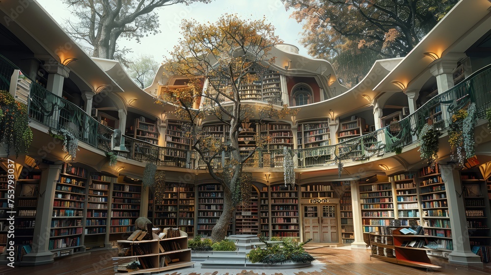 A library and bookshop in a zoo. Generative AI.