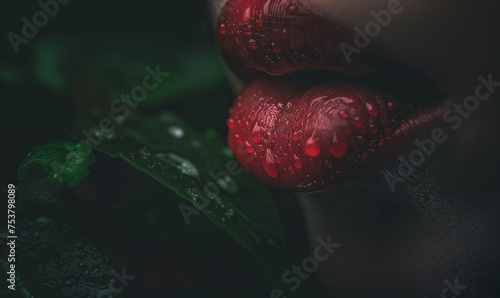 Close up on red lips covered by water drops photo