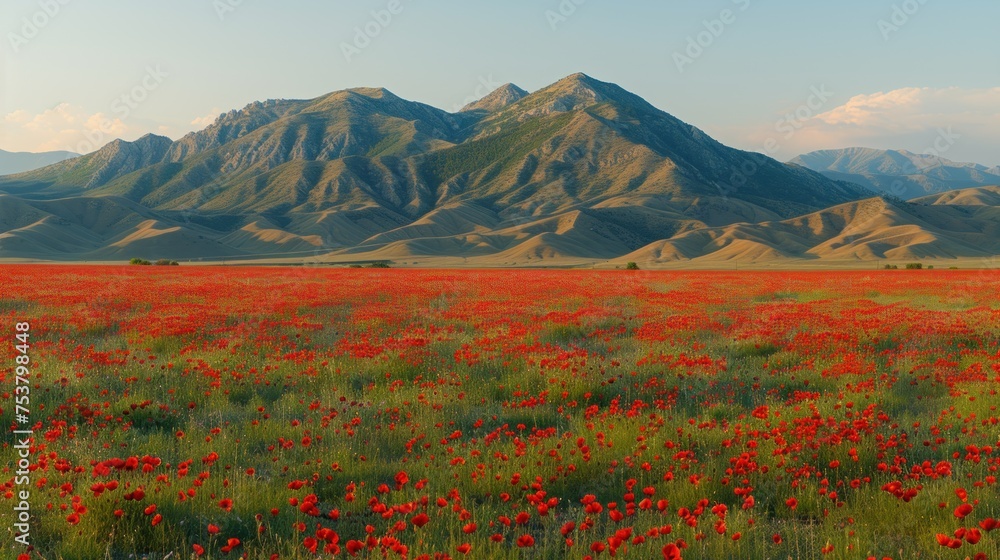 Fototapeta premium a field of red flowers in front of a mountain range with green grass and red flowers in the foreground.