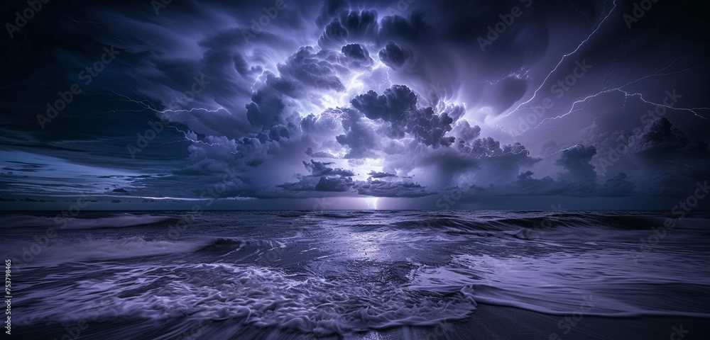 A a dramatic, lightning-filled storm over a dark, ominous ocean, capturing the raw power of nature and the contrast between light and dark - obrazy, fototapety, plakaty 