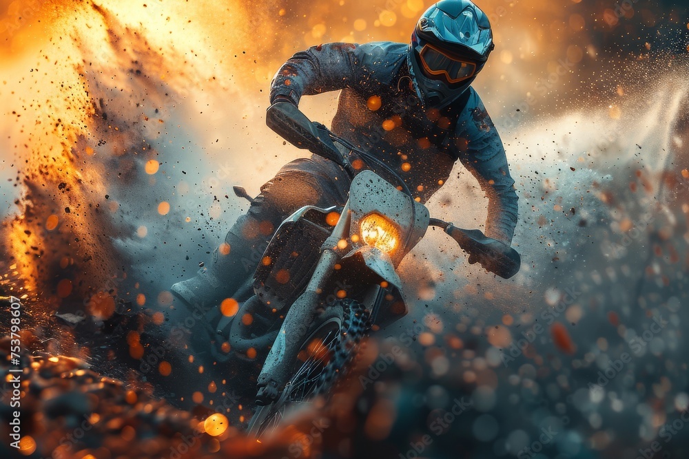Dynamic action shot of a motocross rider with splashing mud, showcasing speed and extreme sportsmanship Dynamic action shot of a motocross rider with splashing mud, showcasing speed and extreme sportsmanship