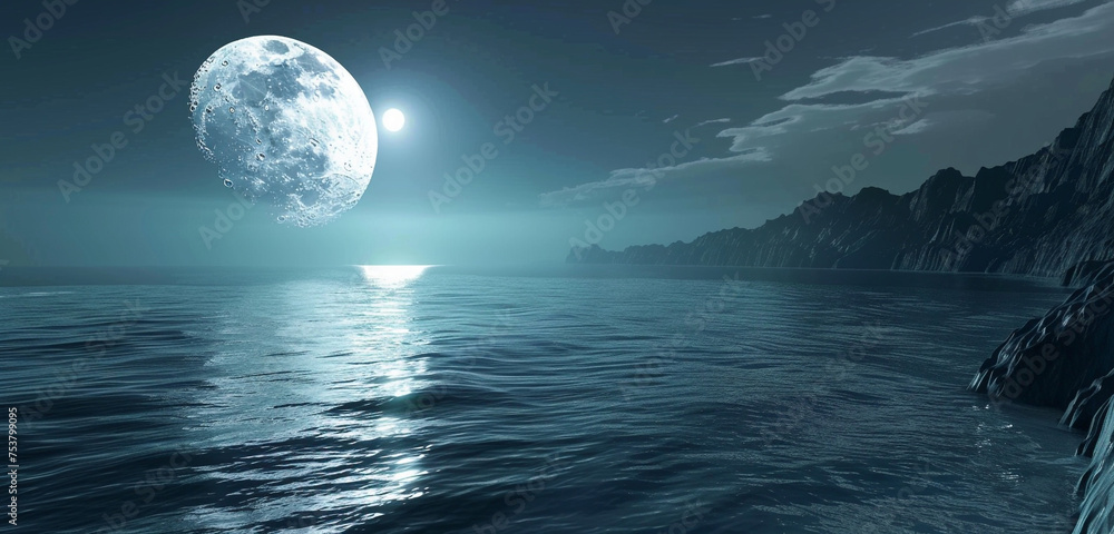 A mysterious energy in jet black, contrasting with the glowing orb of the full moon over tranquil waters