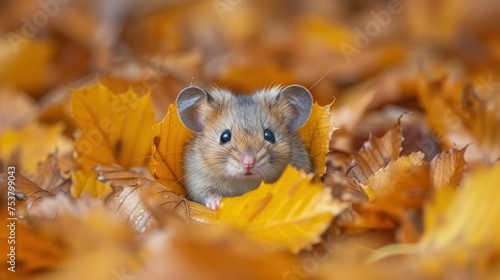 a hamster peeking out from behind a pile of yellow and brown leaves in a field of brown and yellow leaves.
