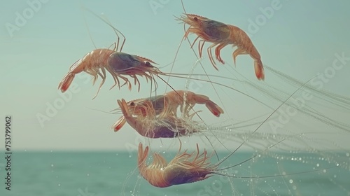 a group of shrimp floating on top of a body of water next to a body of water under a blue sky.
