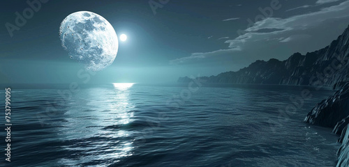 A mysterious energy in jet black  contrasting with the glowing orb of the full moon over tranquil waters