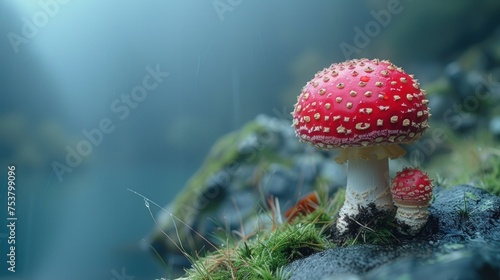 a close up of a small mushroom on a mossy surface with water in the backgrouds and a blue sky in the background.