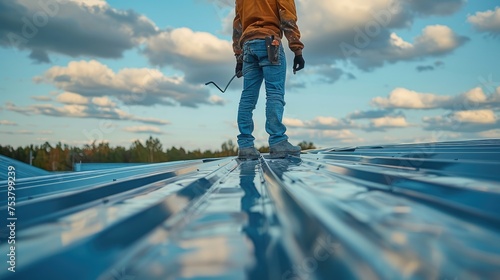 A man standing on a roof applying weather sealant with a pressure paint gun to his corrugated sheet metal roof. Generative AI. photo