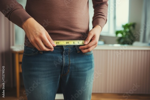 Young man measuring his waist circumference with a tape measur
 photo