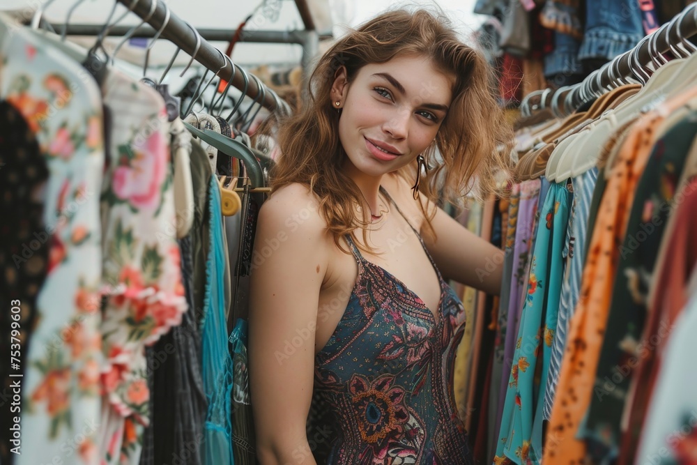 Young woman shopping for second hand clothes at the flea market