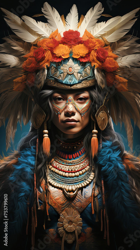 Portrait of beautiful shamanic young woman with feather headwear.