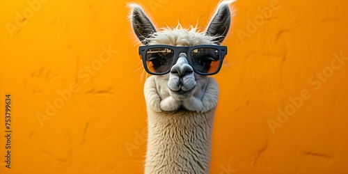Chicsuitedllamarockssunglassescoolvibesagainstvibrantorangebackdrop. Concept Chic Suit, Llama Rocking Sunglasses, Cool Vibes, Vibrant Orange Backdrop © Ян Заболотний