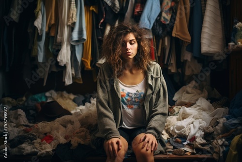 young woman sitting on the floor of a messy wardrobe filled with hundreds of clothes at home