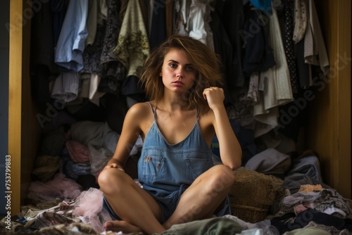 young woman sitting on the floor of a messy wardrobe filled with hundreds of clothes at home