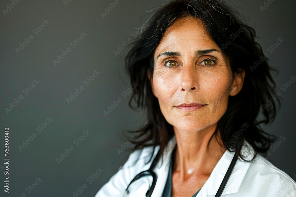 a portrait of a middle aged female doctor, looking straight at the camera a portrait of a middle aged female doctor, looking straight at the camera