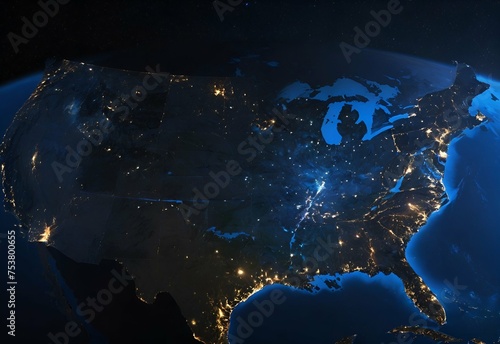 America at night viewed from space with city lights showing activity in United States. Technology, global communication, world. USA