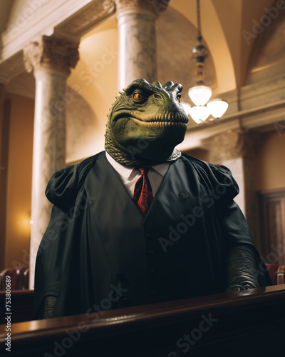 dinosaur man with stylish clothes, in court,