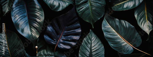 Textures of abstract pearl leaves for a captivating flat lay. Dark nature concept  tropical leaf.