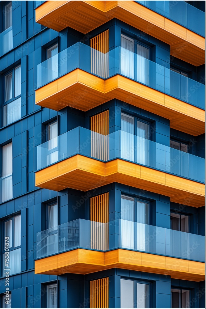 Modern apartment building with vibrant orange façade and protruding glass balconies under a blue sky Modern apartment building with vibrant orange façade and protruding glass balconies under a blue sky