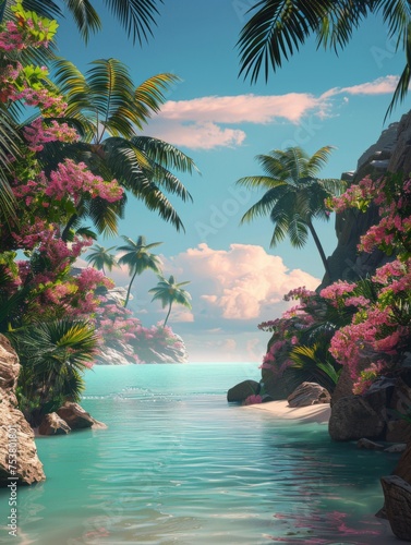 Calm river leading to tropical ocean - Captivating view of a calm river gently leading to a tropical ocean bordered by colorful flowers and palms